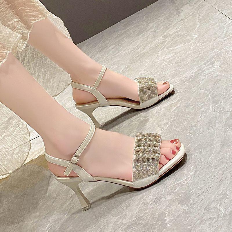 Fairy wind 2025 new fashion sandals women's summer new open-toed stiletto rhinestone French one-word strap high heels
