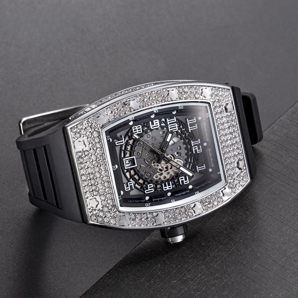 European and American Personality Full of Diamond Barrel Type Silica Gel Strap Quartz Men's Watch