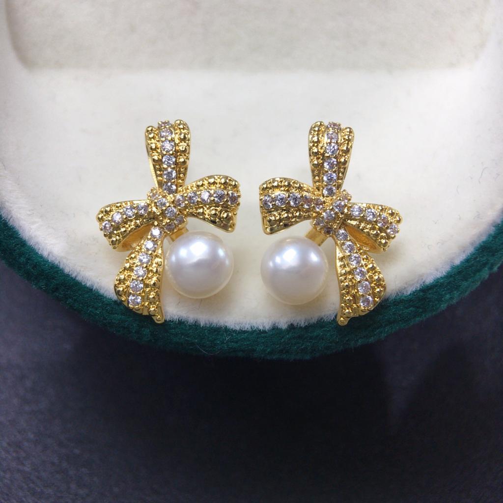 Natural Freshwater Pearl Earrings for Women, Delicate Three-dimensional Bow with Micro Inlaid Zircon, Sweet and Cute Pearl Earrings