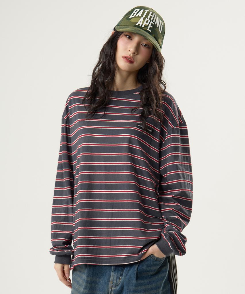 UNKNOWN PLANET Ivy Stripe Round Long Sleeve T-Shirt Gray