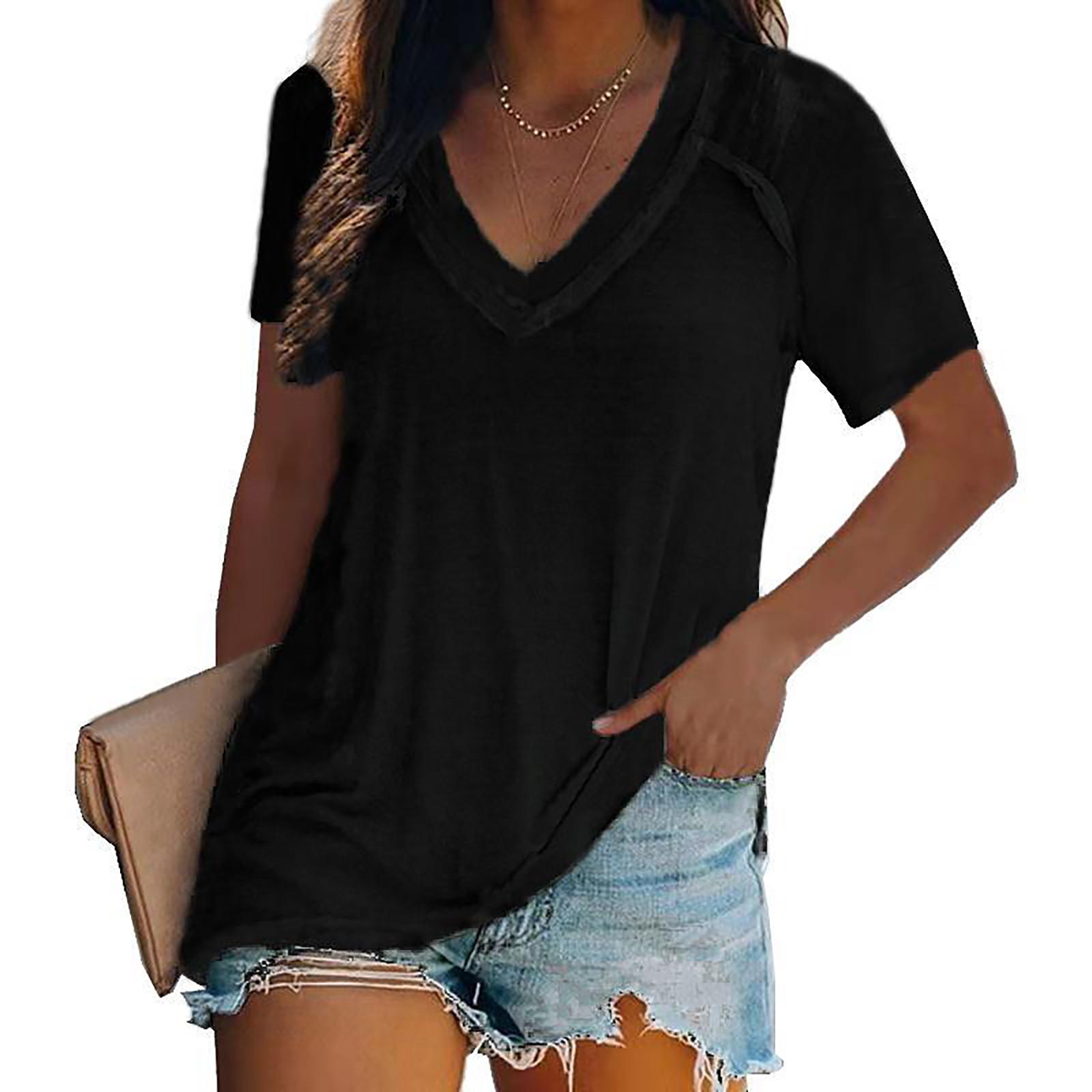 Women s Summer Loose V-neck Color Stitching Short-sleeved T-shirt Tops L чёрный