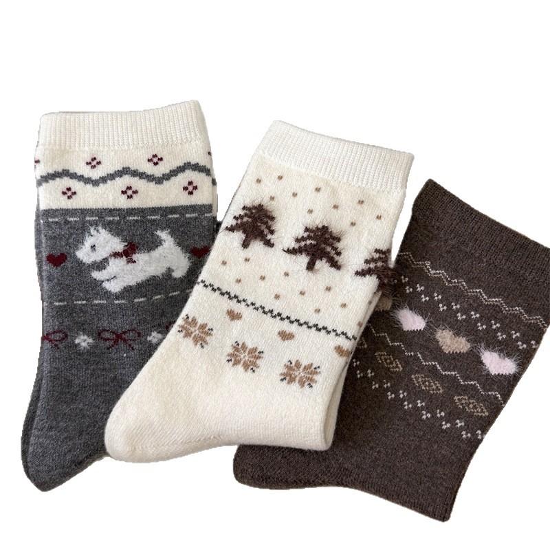 Vintage Wool Socks Girls Warm Thickened Mid-Leg Socks Cute Bow Puppy Stack Socks