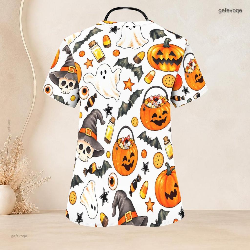 Top de uniforme de enfermera para mujer talla grande con cuello en V, manga corta, estampado de Dachshund de Halloween, con bolsillos