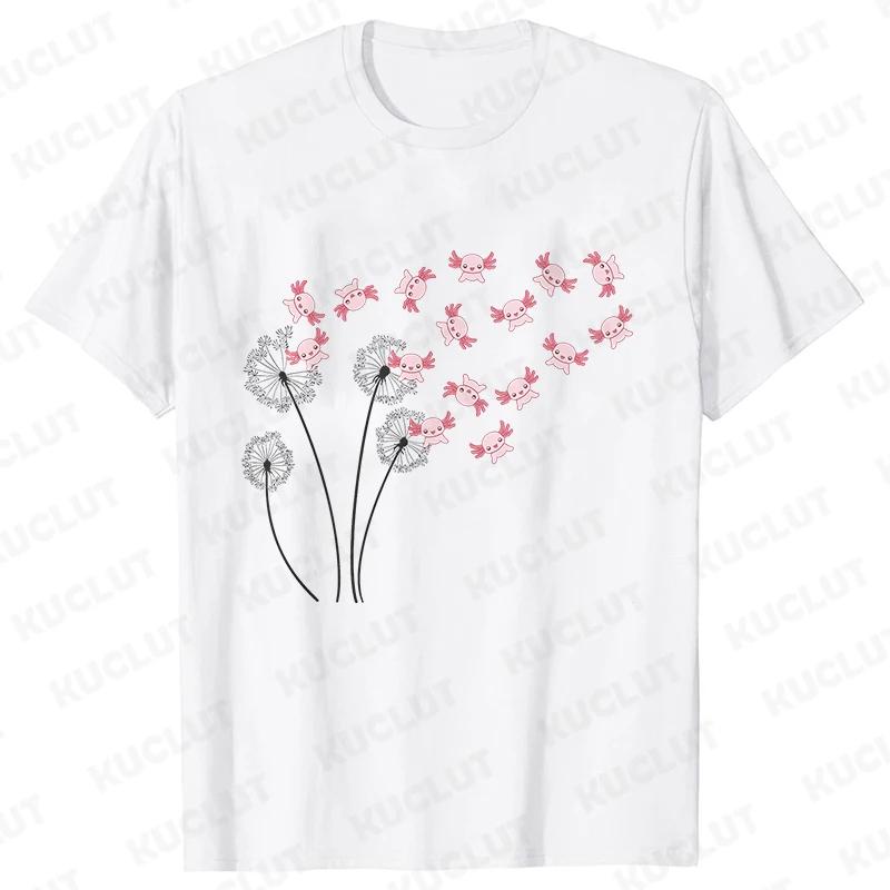 Dandelion Axolotl Flower T-shirt for Women Fashion Casual T-shirts Short Sleeve Axolotl Lover Women Tee Shirt Kawaii Clothing Shirts