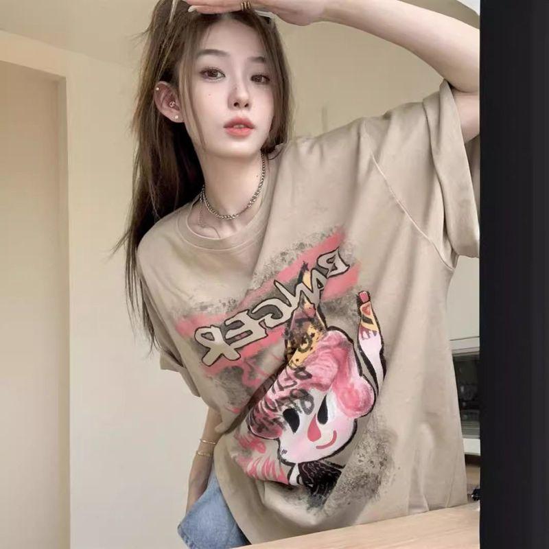 

150kg Plus-Size American Retro Trendy Brand Short-Sleeve T-Shirt for Women, Summer Loose Mid-Length Half-Sleeve Top Khaki M [Recommendation 40-50kg]
