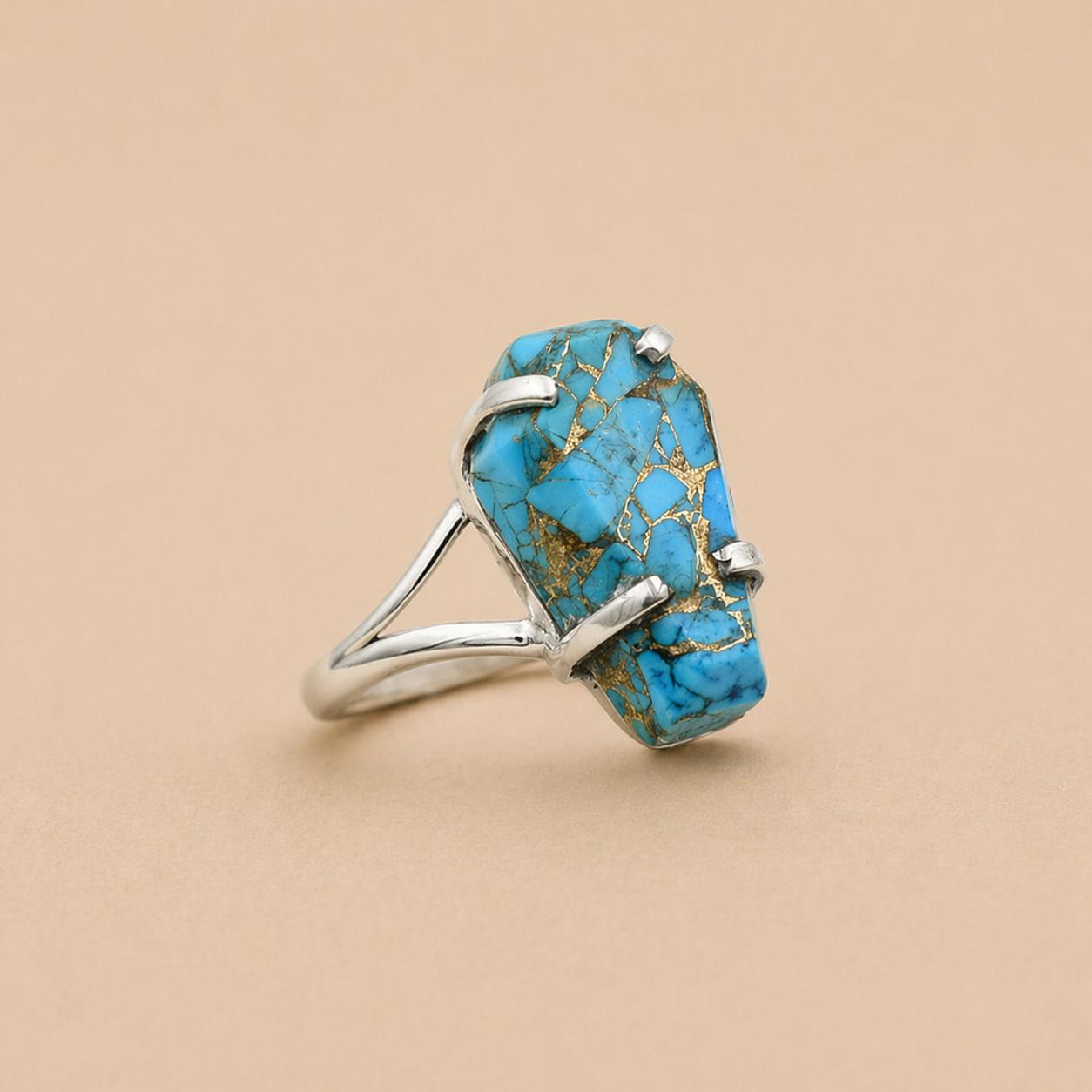 

Copper Turquoise Coffin Ring, 925 Sterling Silver Prong Set Gemstone Ring, Boho Statement Ring, Geometric Handmade Jewelry 4 серебряный