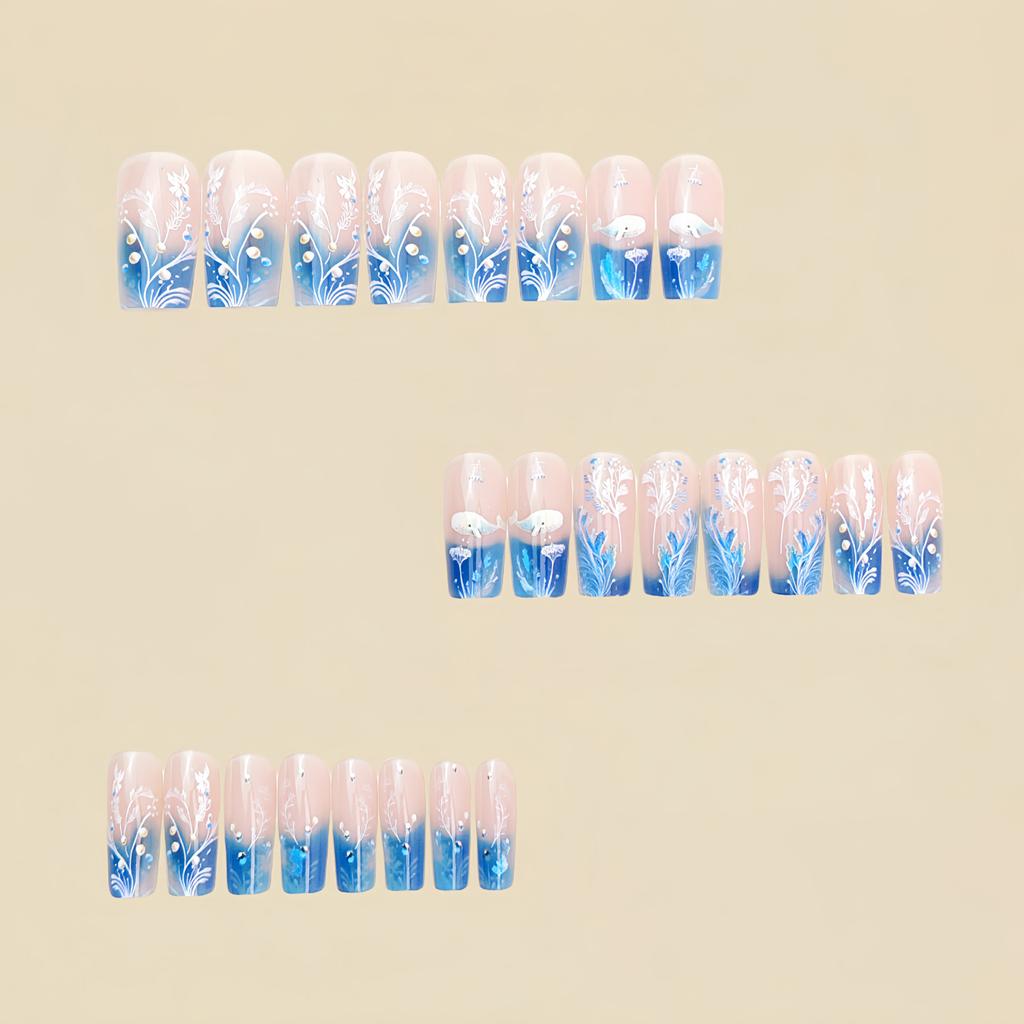 24PCS Ocean Theme False Nails with Blue Tip Easy Effortless Application To Nails for Women and Girl Nail Salon
