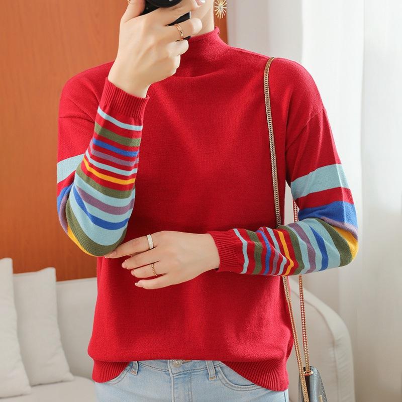 Half Turtleneck Striped Contrasting Cotton Thread Sweater Spring and Autumn Style Slim and Stylish Knitted Sweater Top