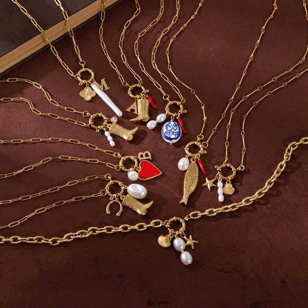 Retro Fish Boots Flower Loop Necklace with Multiple Pendants DIY Boots Love Pearl Plated 18K Gold Color Preserving