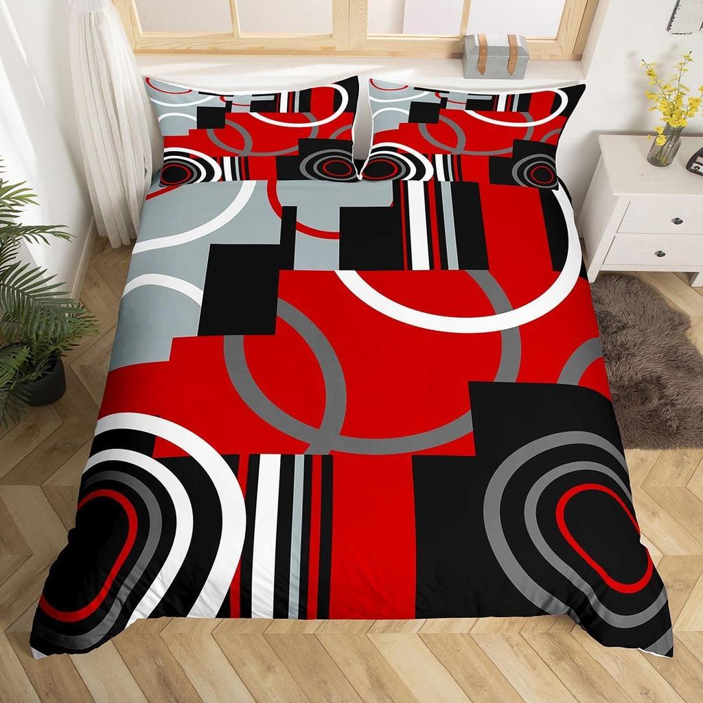 Feelyou Kids Red and Black Bedding Set King Size Circle Duvet Cover for Boys Girls Teens Bedroom Decor Geometric Square Comforter Cover Set