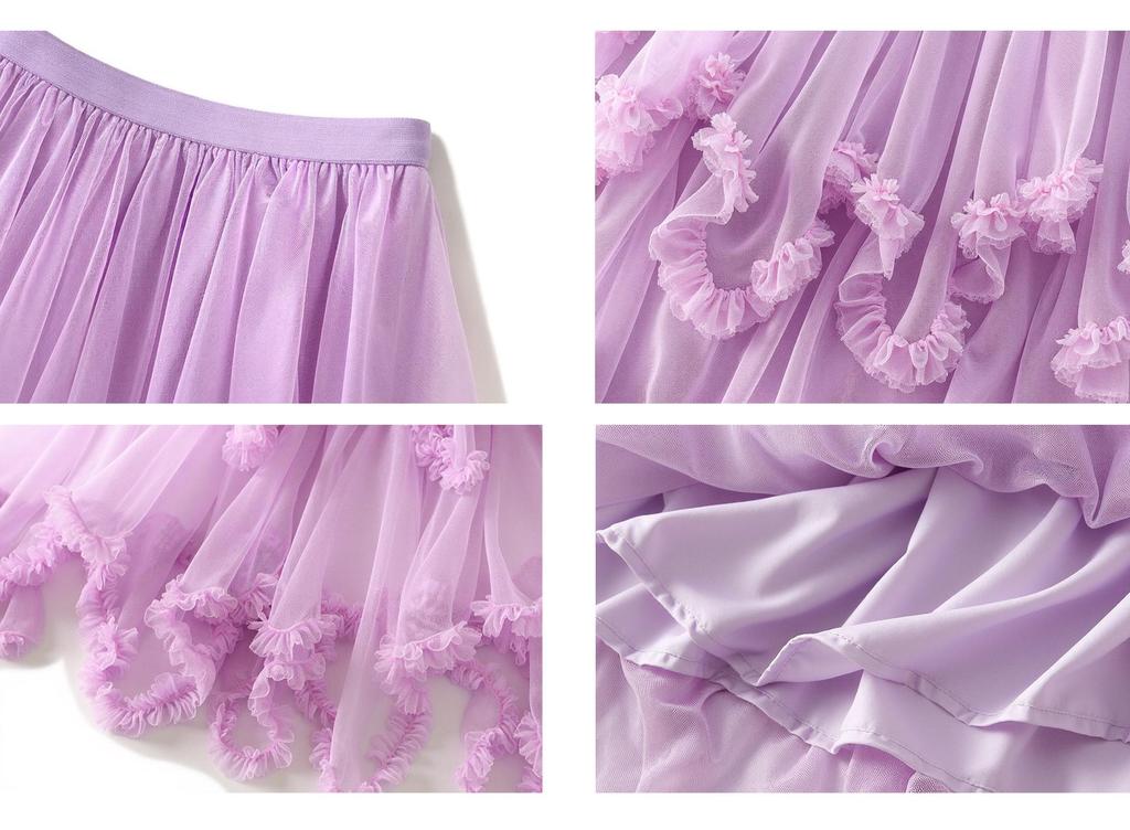 Women's Japanese Style Ruffle Mesh Midi Skirt - Fluffy Fairy Gauze with Wide Hem