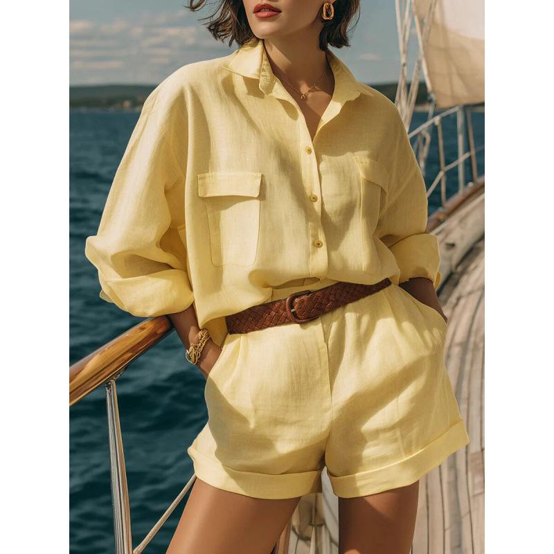 Женский хлопково-льняной свободный комплект: рубашка на пуговицах и шорты, весна/лето 2026 M