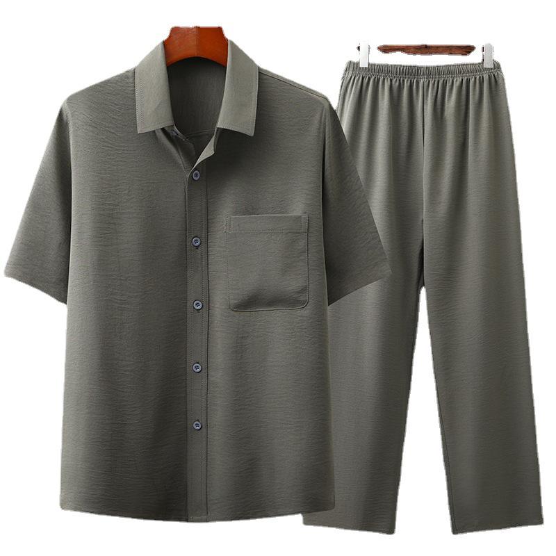 Men's Cotton Linen Short Sleeve Shirt & Suit Set - Casual Summer Wear for Middle-Aged and Elderly