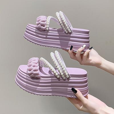 Mode 9CM Été Décontracté Sandales à Plateforme Haute Femme Boucle Sangle Pantoufles Semelle Épaisse Perle Sandalias Femme Chaussures de Plage Chunky Mujer