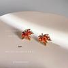 Maple Leaf Micro-Paved Zircon Red Stud Earrings for Women, 925 Silver with 14K Plating