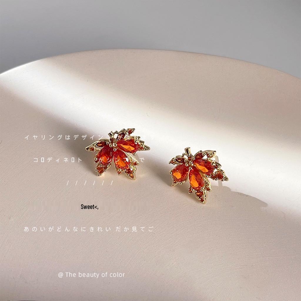 Maple Leaf Micro-Paved Zircon Red Stud Earrings for Women, 925 Silver with 14K Plating