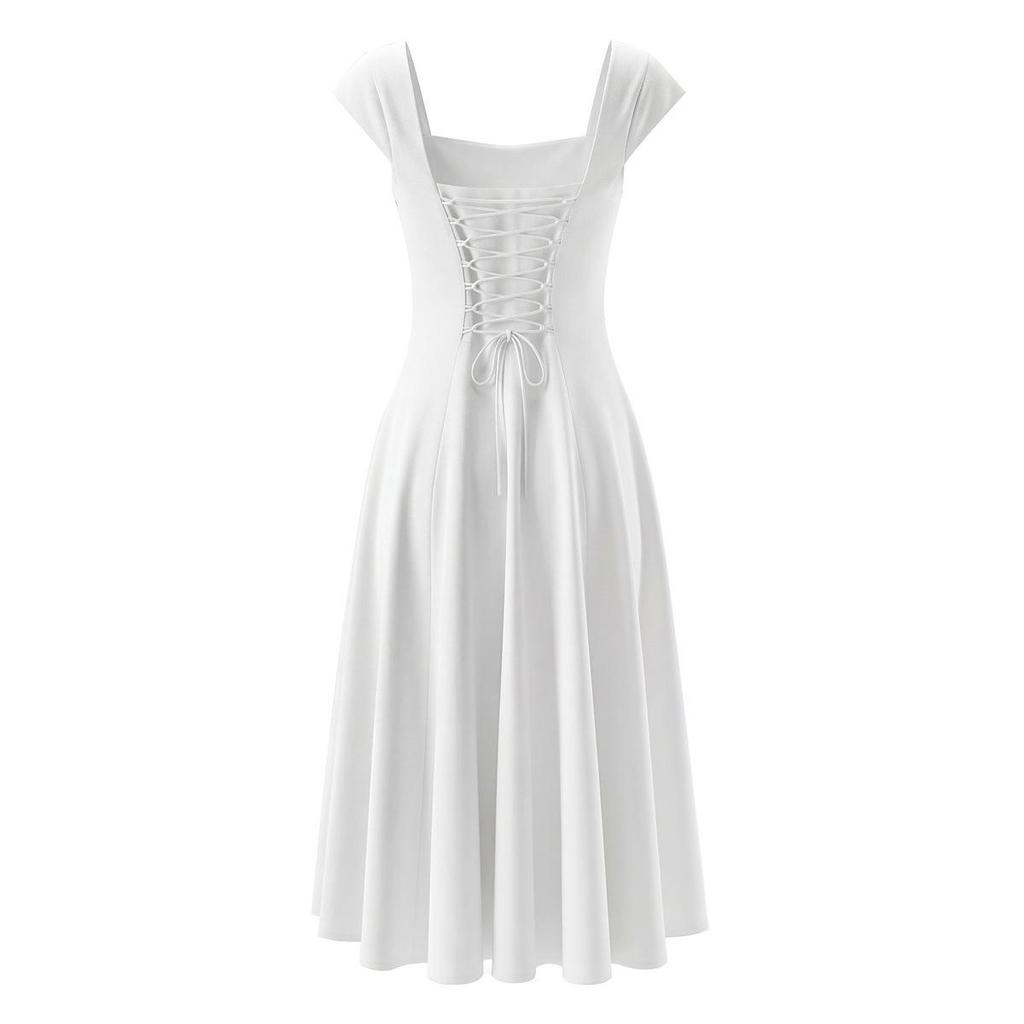 2025 Autumn/Winter Women's Retro Square Neck Dress with Hollow Back and Tie-up Detail