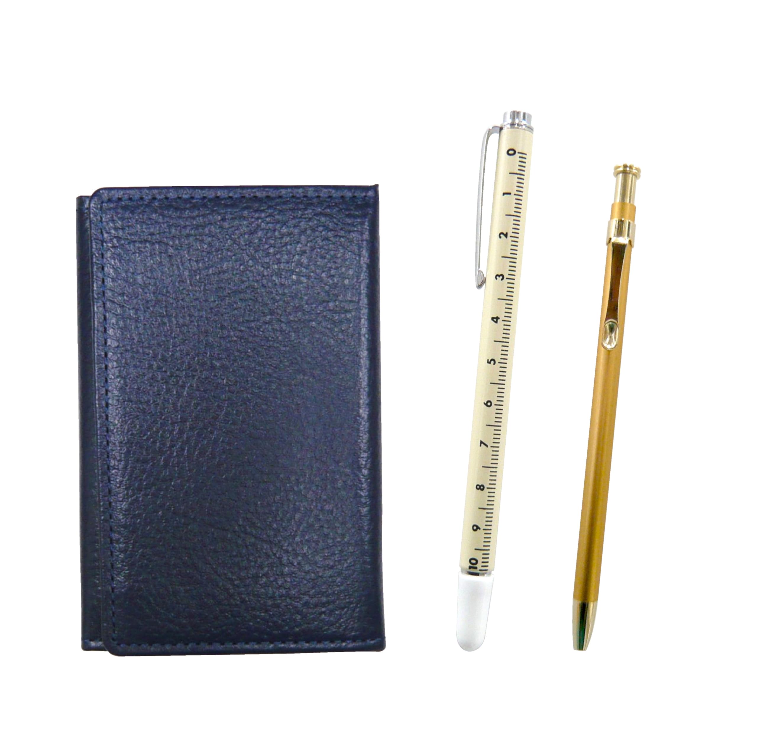 

Grained leather business card holder blue slide measure indicator stick and slim 60 ballpoint pen gold set [Takizawa] MEIL-708W-SV60KBP