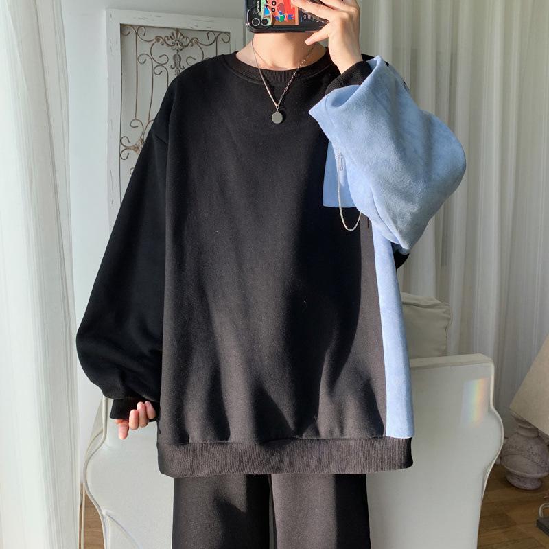 Men's Autumn Color Block Patchwork Sweatshirt – Loose Fit, Long Sleeves, Round Neck