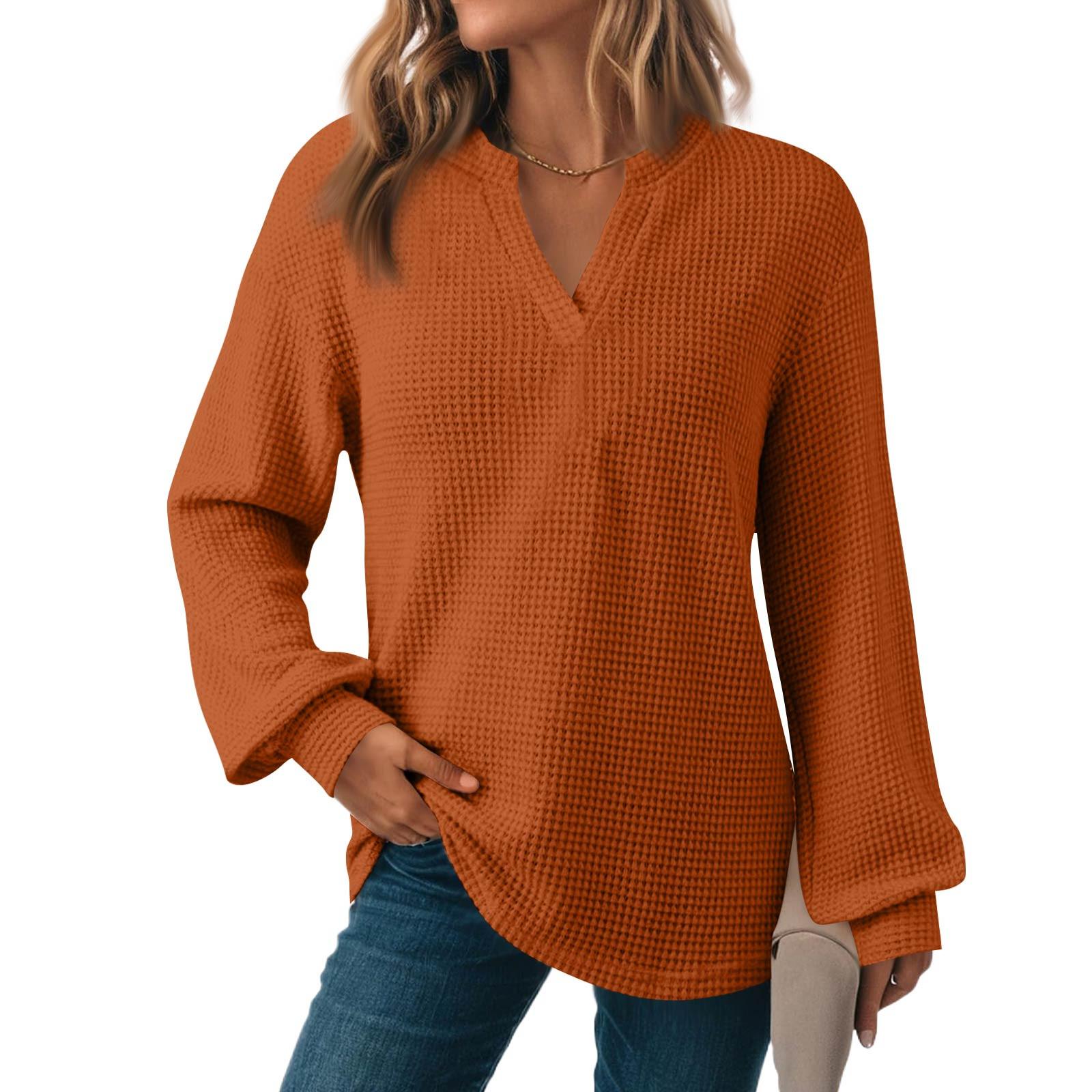 

Women s Fashion Long Sleeve Knit V-Neck Solid Color Casual Top L помаранчевий