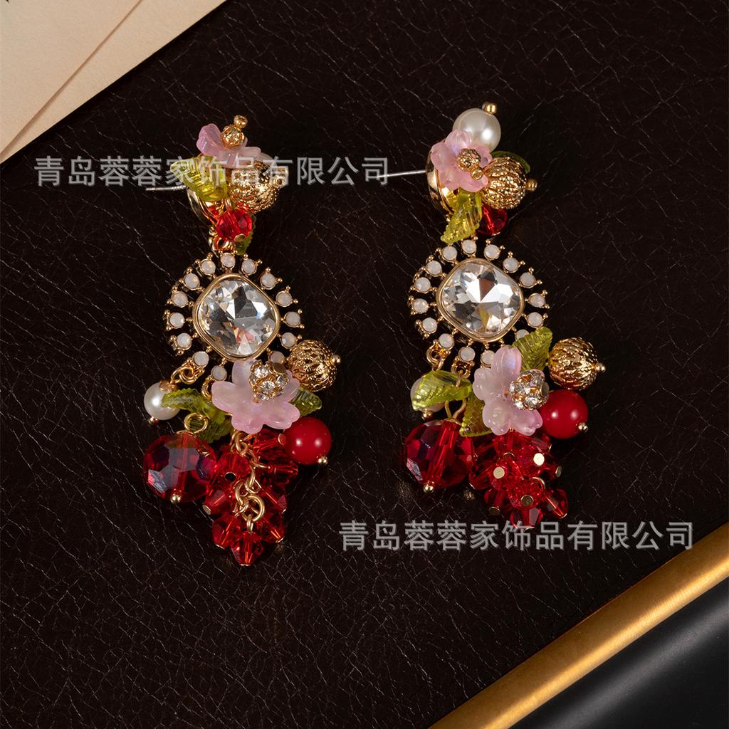 Dopamine Unique Beautiful Flower Tassel Earrings Vintage Colored Bead Temperament Luxury High-end Feeling