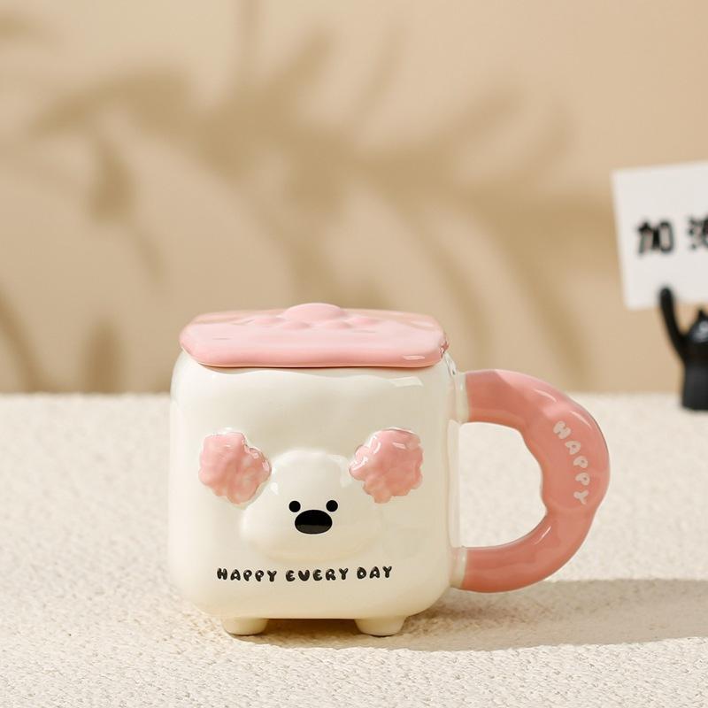 Cute Puppy with Lid Water Cup Large Capacity Cartoon Dog Ceramic Cup Household High Value Mug Souvenir