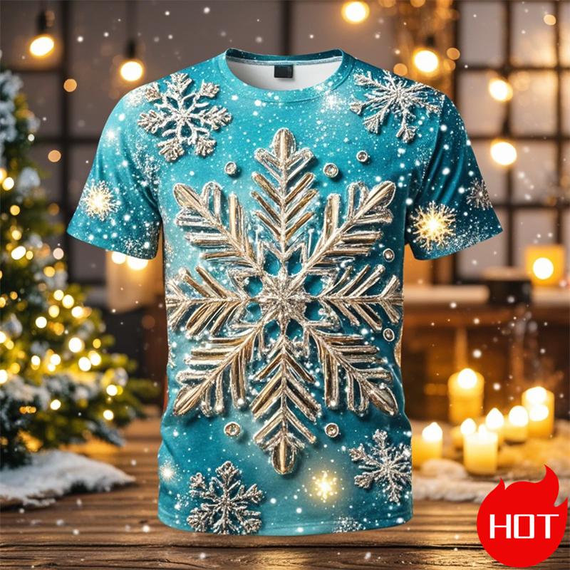 Funny 3D Snowflake Print Men's T Shirt Christmas Casual Loose Short Sleeve Tops Fashion New Year Gift