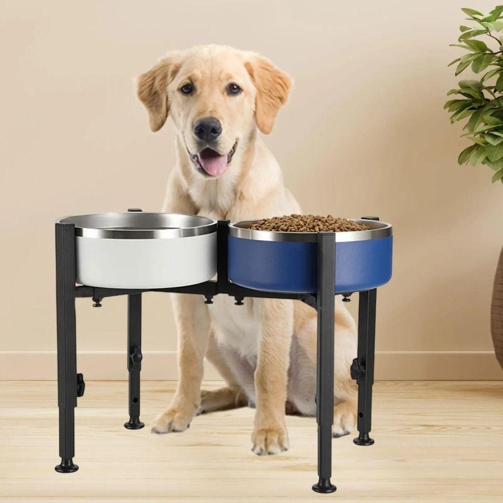 Wrought Iron Dog Bowl Stand Adjustable Width Single/Double Bowls Pet Feeder Rack Protect Cervical Spine Removable