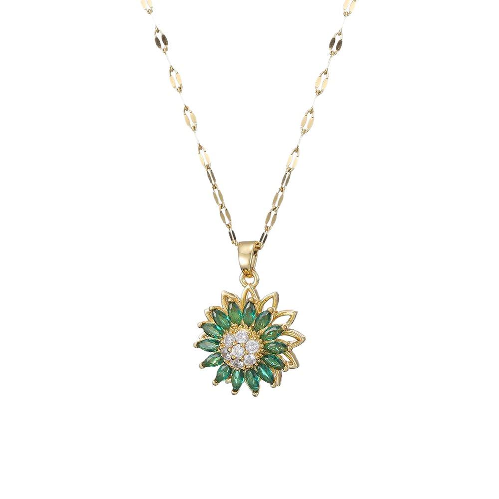 Women's Japanese-Korean Style Necklace: Micro-paved Zircon Sunflower Pendant, Rotating Clavicle Chain