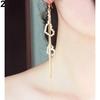 Lady Rhinestone Double Love Heart Drop Long Tassels Chain Dangle Linear Earrings