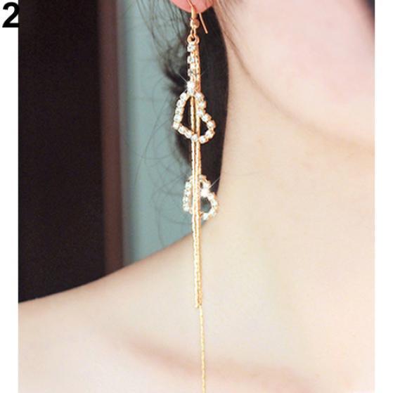 Lady Rhinestone Double Love Heart Drop Long Tassels Chain Dangle Linear Earrings