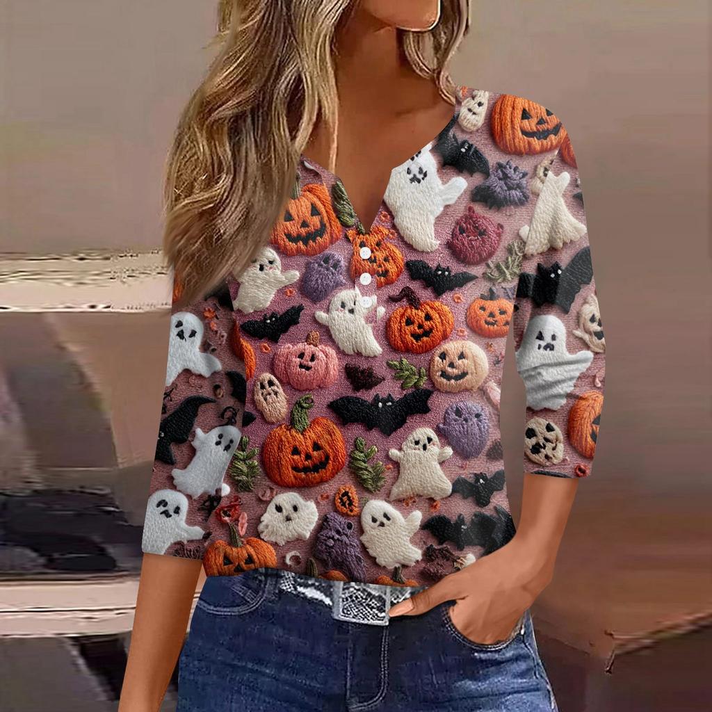 Women's T Shirt Tee Halloween Printed Button 3/4 Sleeve Tunic Daily Weekend Fashion Basic V- Neck Regular Top
