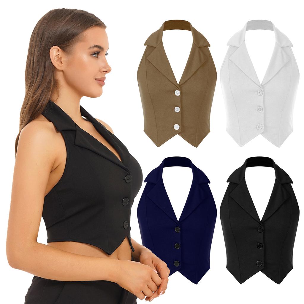 Ladies Crop Tops Formal Elegant OL Waistcoat Suits Vest Women Backless Vest Outerwear Jacket Coat Halter V-Neck Office
