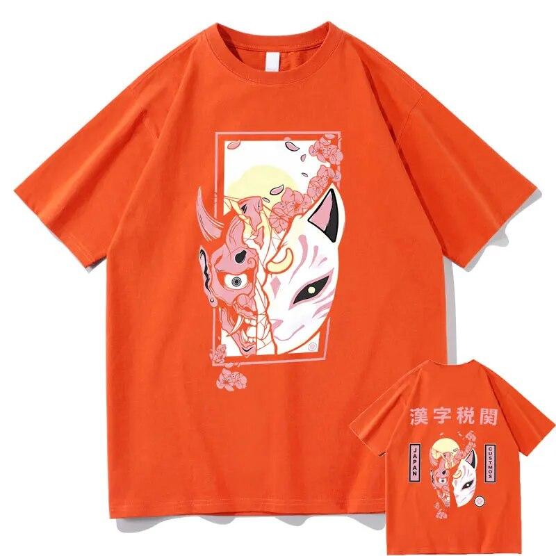 Hannya Mask T Shirts Futuristic Kitsune Mask Graphic T-shirt Japanese Anime Tees Kitsune Streetwear Fox Tshirt Unisex Manga Tops