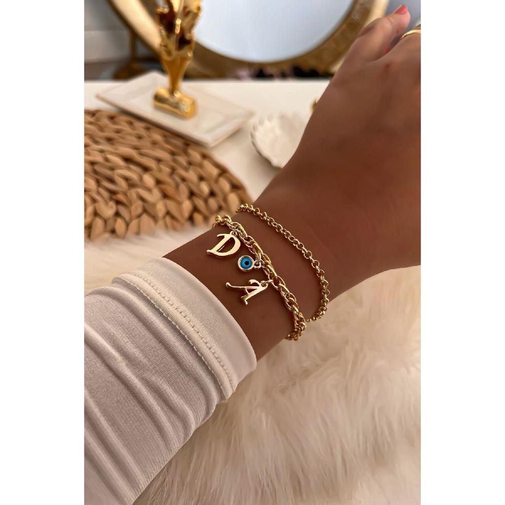Chain Bracelet Combination With Gold Color Letters And Selectable Evil Eye Detail 35