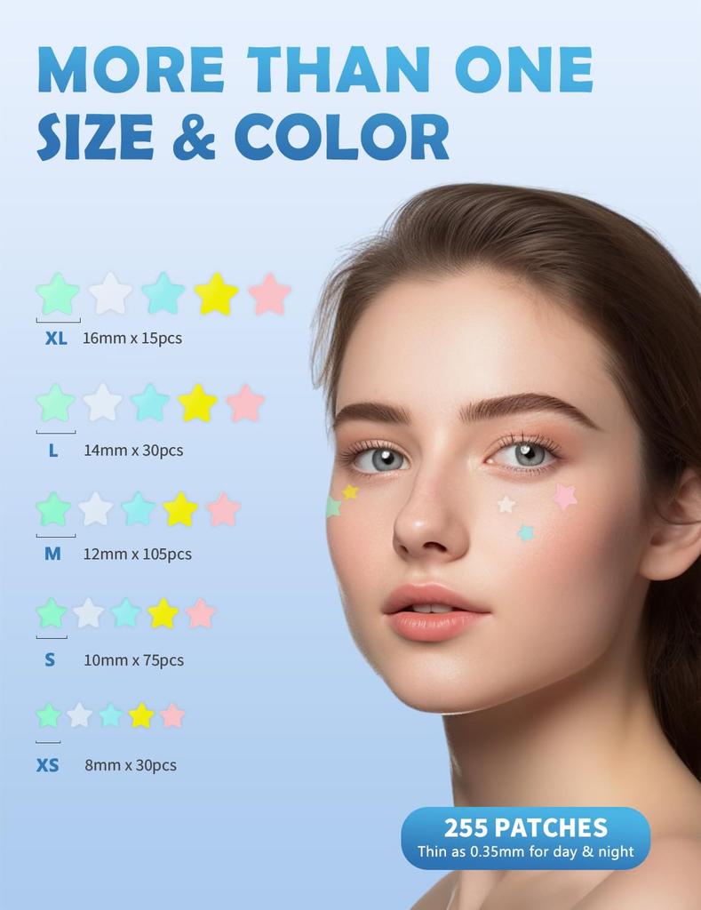 Pimple Patches for 255pcs 5Colors Hydrocolloid Acne Patches Precise Matches Different Cute Star Spot Tea Tree Salicylic Acid Zits Absorbing Face, &