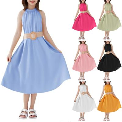 Vestido de una pieza informal para niña con cuello redondo, sin mangas y cintura definida