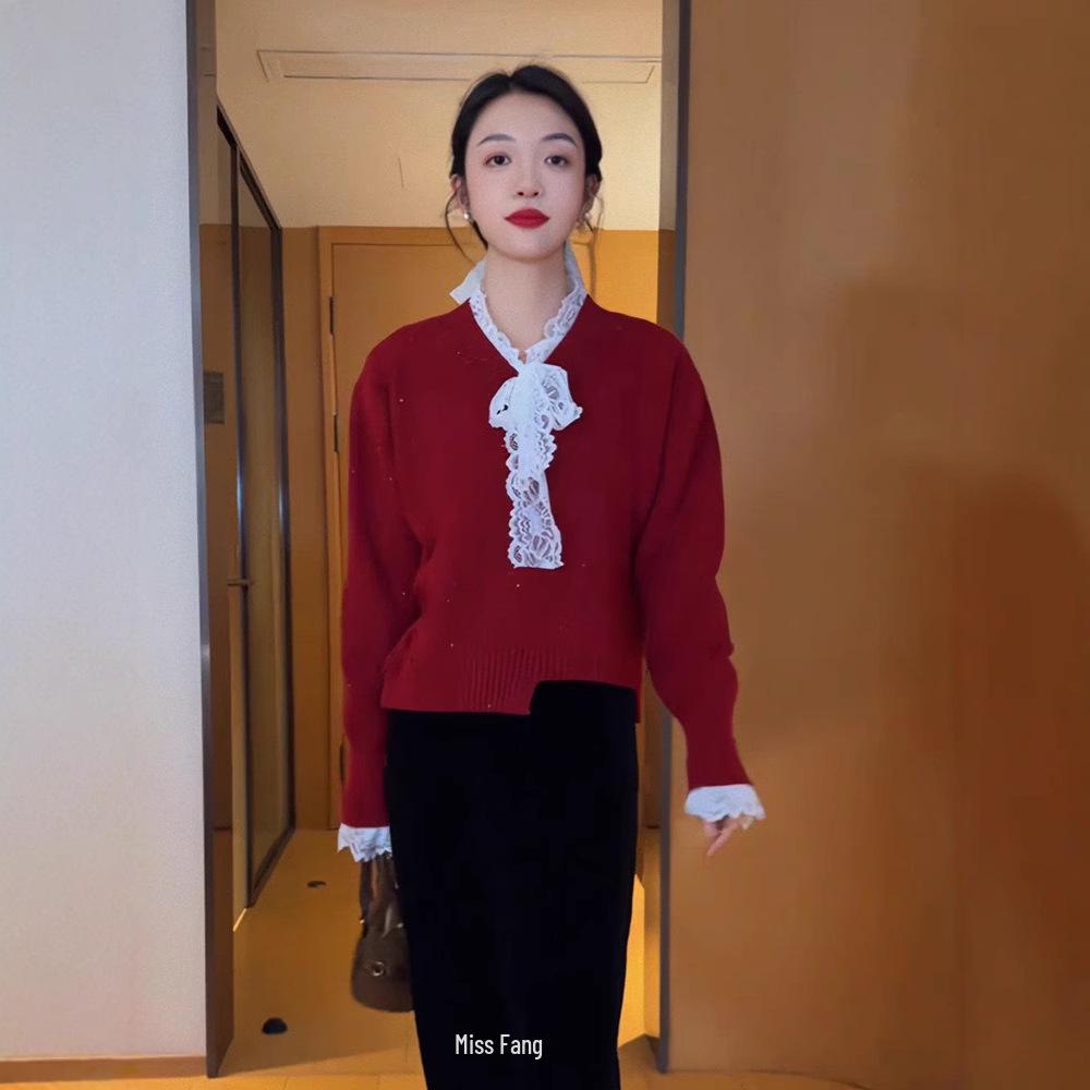 

Women s 2024 French Lace Patchwork Bow Knit Sweater - Unique Autumn/Winter Design XL червоний