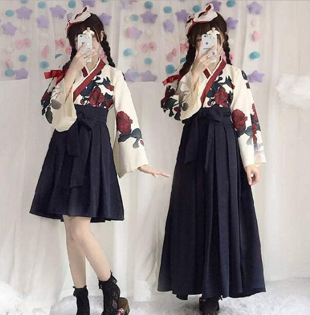 Taisho Roman Hakama Japanese Clothes Kimono Cosplay Costume Long Disguise Yukata Rose Rose Pattern [Lady Lazy] Women's Women's (Black, L)