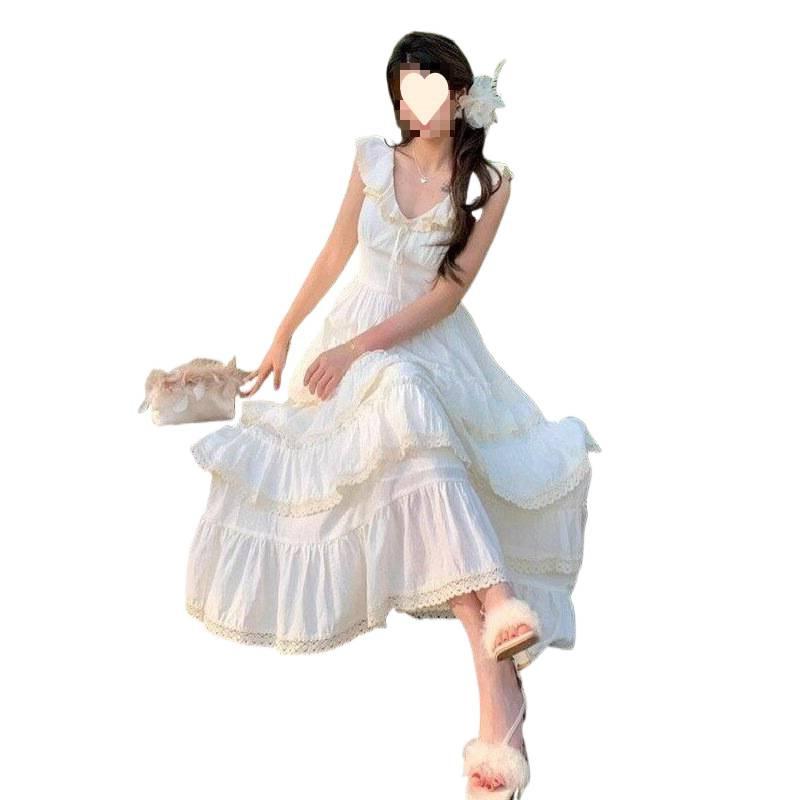 Summer women's milk sweet atmosphere ruffle V-neck puffy cake dress