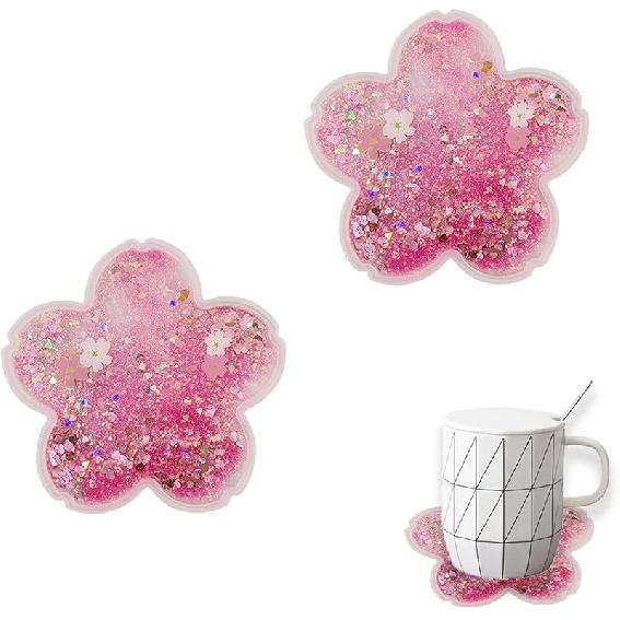 2 Pack Funny Drink Coasters Sakura Quicksand Coaster Silicone Tea Cup Mats Coffee Coasters Non-Slip Insulation Cup Pad Home Office Table Decor, 5.5