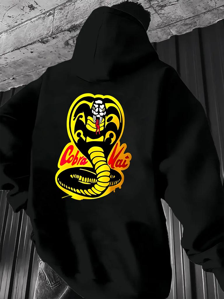 Black Casual hoodie Sweatshirt with Bold Yellow Cobra Graphic Print & Red Lettering - Regular Fit All-Season Comfort