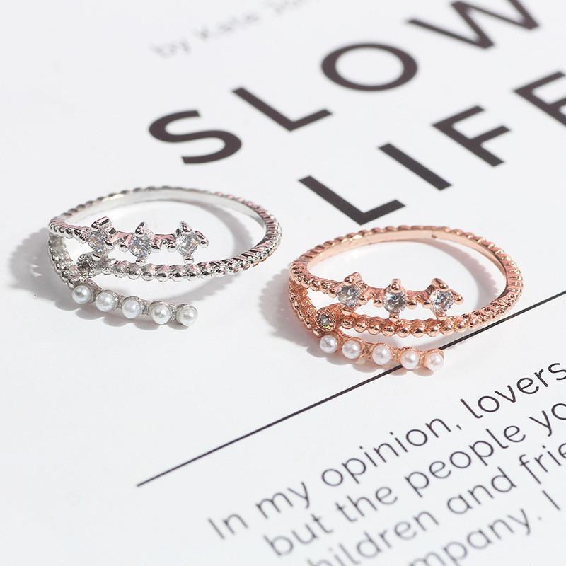 Stylish Korean Fashion Lightweight Adjustable Pearl And Zirconium Ring For Women
