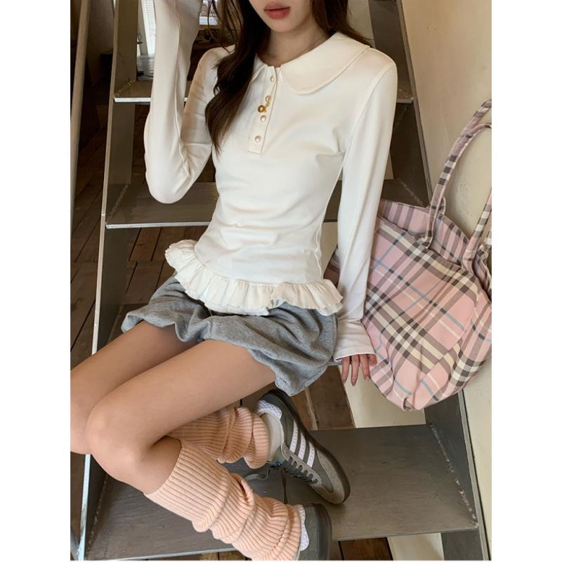 

Women s Autumn Slim Fit Korean Lace Hem Doll Collar Long Sleeve Top M