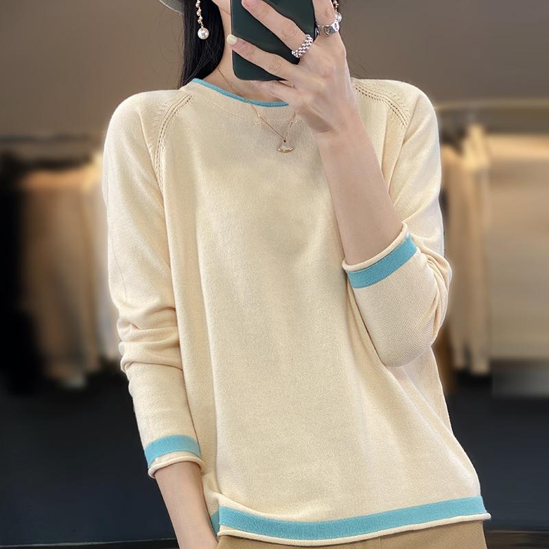 Spring and Autumn Thin Cotton Knitwear Women's Round Neck Sweater Loose Color Matching Cotton and Linen Bottoming Shirt