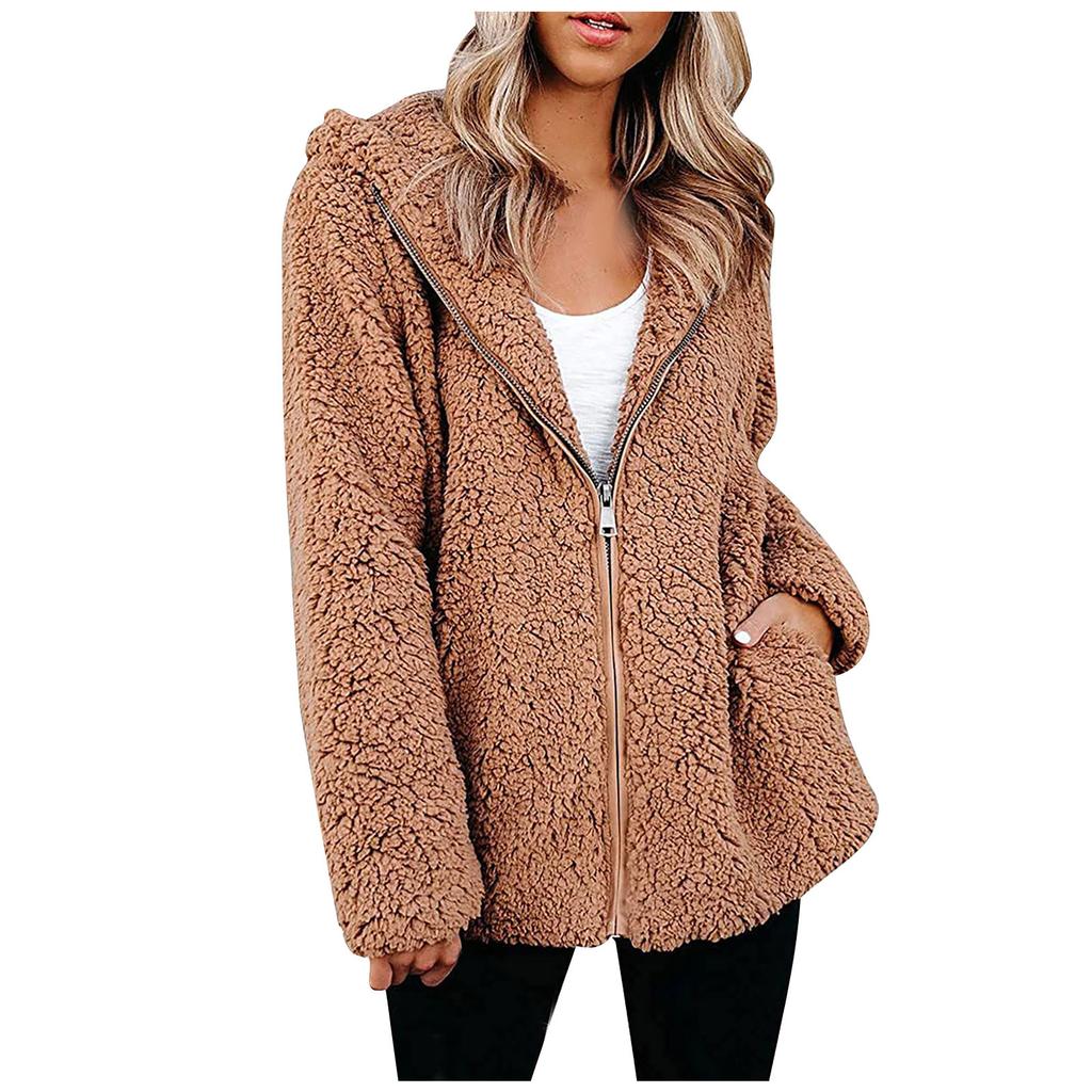 Women Winter Casual Fashion Long-sleeved Solid Color Plush Cardigan Jacket Coat
