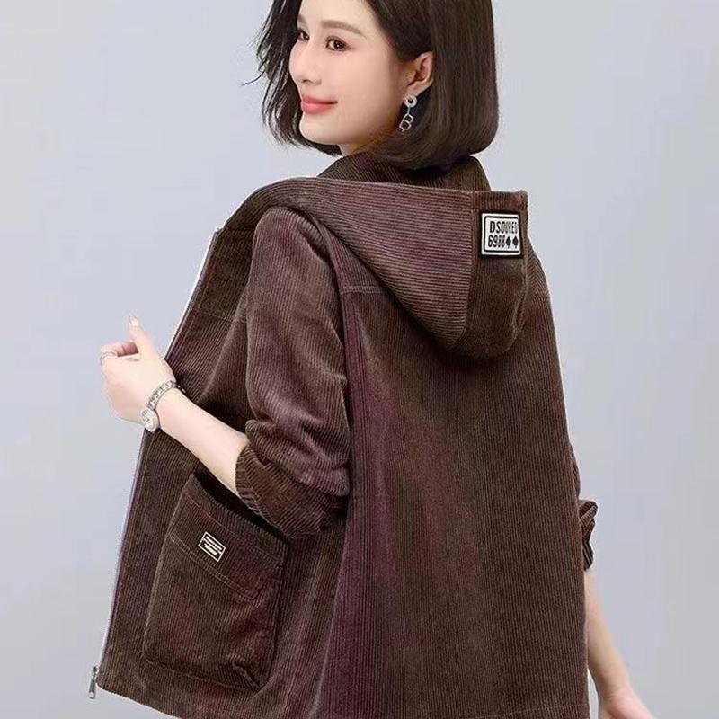 Zesílená manšestrová bunda Dámská ležérní fleecem podšitá mikina s kapucí Kabát Hřejivé podzimní zimní oblečení pro maminky