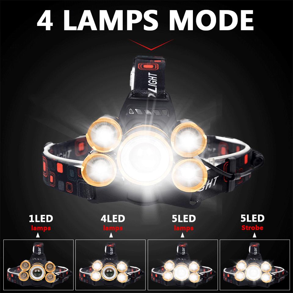 Kafa Işık Lambası Güç El Feneri Torch Far Far Sensörü Led Ampuller 2x 18650 Pil 30 w 4 Mod Lityum pil