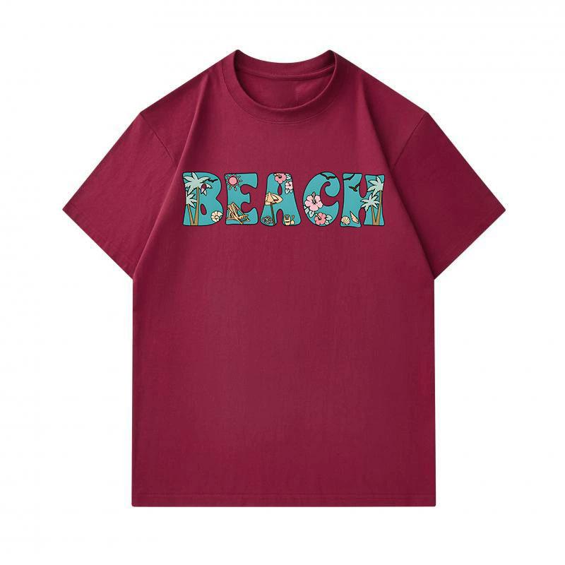 Men's 100% Cotton Crew Neck Short Sleeve T-Shirt, Casual Summer BEACH Letter Print with Palm Tree Sun Flower Pattern Soft Breathable Loose Fit Daily H