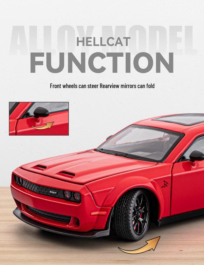 1:24 Hellcat Challenger Alloy Sports Car Model with Sound, Light, Pull-Back, and Openable Doors.
